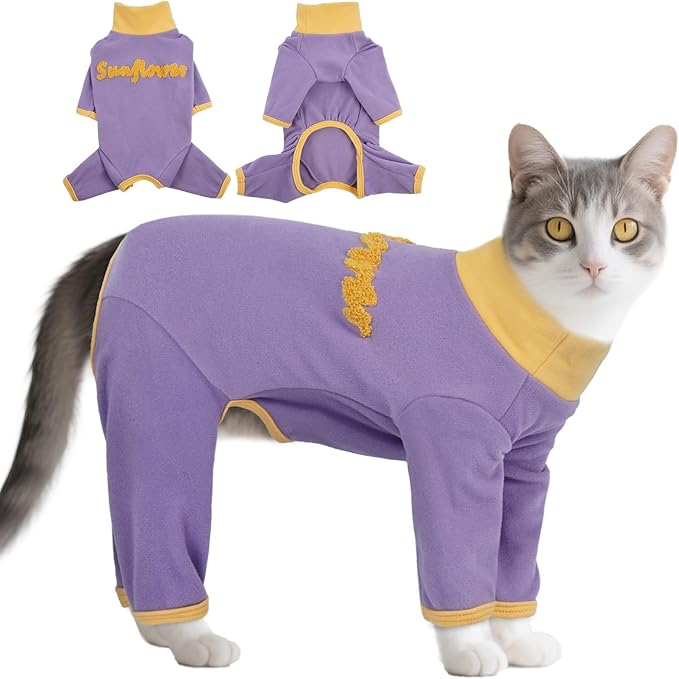 T'CHAQUE Sticky Hair Cat Onesie Pajamas, Soft Long Sleeve Cat Clothes, Anti-Shedding, Surgery Recovery Suit, Wound Protection & Preventing Licking, Kitten Sweaters for Male & Female, Purple-L