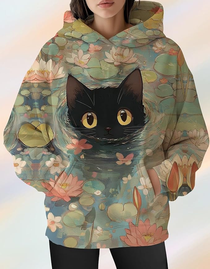 Womens Cat Print Hoodies Trendy Funny Cat Graphic Long Sleeve Sweatshirt Y2k Streetwear Hooded Pullover Tops