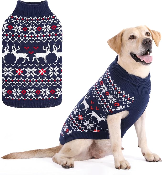 KOOLTAIL Christmas Dog Sweater, Cold Weather Pullover Classic Knitwear, Reindeer Snowflake Pattern Thick Warm Winter Pet Clothes, Cable Knit Sweaters for Small Medium Large Dogs Boy Girl, Navy Blue L
