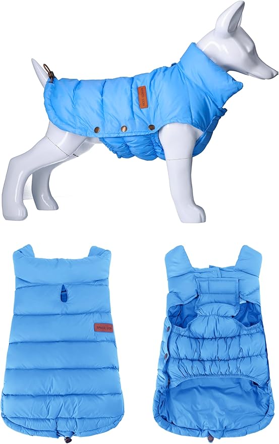 SPACE LION Dog Puffer Jacket, Down Winter Coat, Durable Outdoor Coat for Cold and Windy Conditions, Lightweight & Adjustable Fit Coats for Large Dogs, (Blue, Size24/2XL)