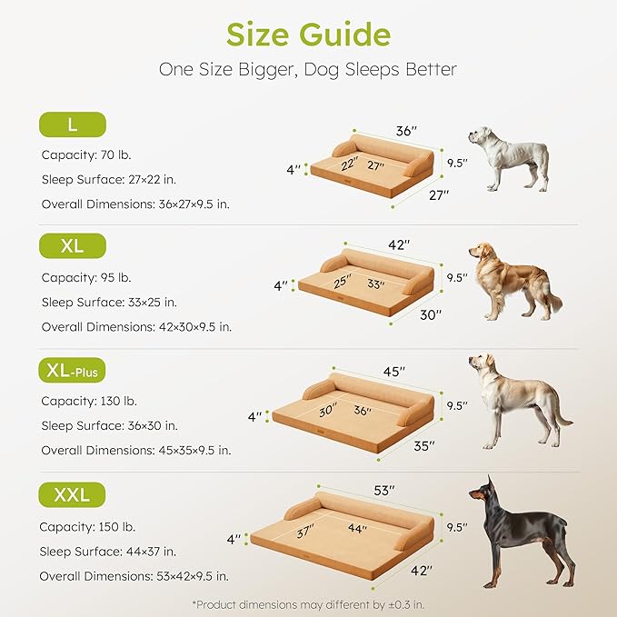XL Plus Orthopedic Dog Bed, Big Dog Bed for Large Sized Dogs, Dual-Sided Pet Cooling Beds with Memory Foam Washable Cover Nonslip Bottom, Waterproof Pet Couch with Bolster, Brown