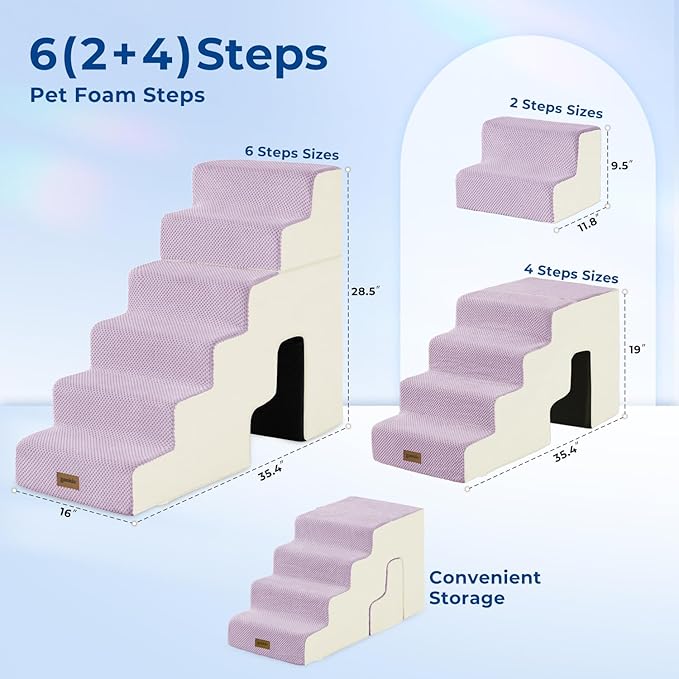 Dog Steps for High Beds - 6 Step 28.5" H Pet Stairs with Tunnel 2 in 1 with Zippers Suitable for Small Dogs and Cats, Indoor Cat Ladders with Non-Slip Bottom, Beige