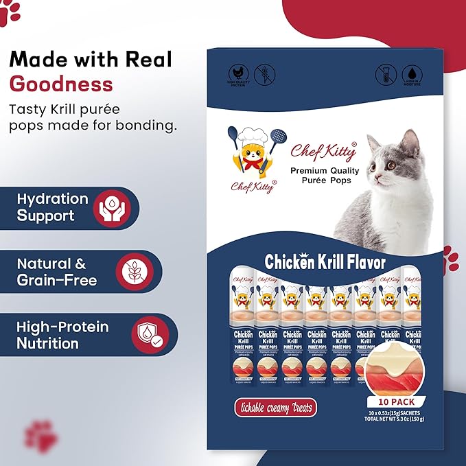 Chef Kitty Purée Pops, Cat Treats, Grain-Free, Lickable, Squeezable Creamy Cat Treat/Topper with Vitamin E & Taurine, 0.5 Ounces Each Tube, 10 Tubes, Chicken with Krill Recipe