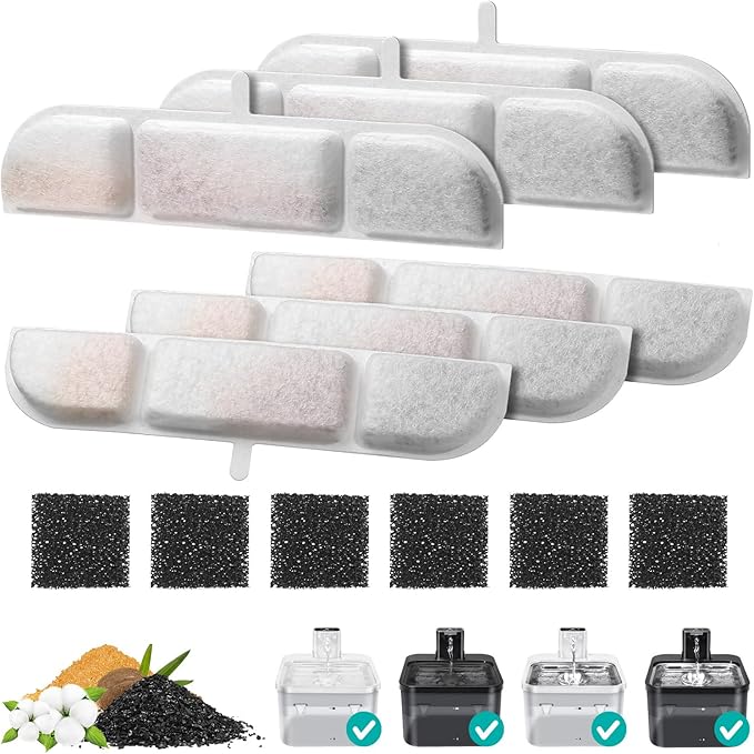 6 Packs Replacement Filters for Battery Operated Cat Water Fountain, 6 Set Pet Fountain Filter for 84oz/2.5L Wireless Cat Drinking Fountain Indoor, Stainless Steel Cordless Multi-Filtration System