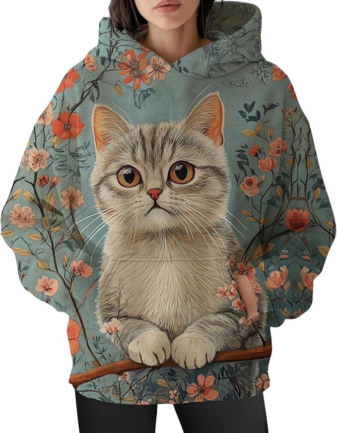 Womens Cat Print Hoodies Trendy Funny Cat Graphic Long Sleeve Sweatshirt Y2k Streetwear Hooded Pullover Tops