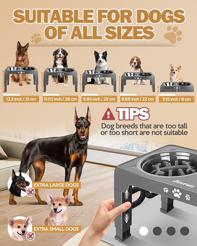Elevated Dog Bowls, Dog Feeder with Stainless Steel Dishes & Slow Feeder Bowl, 5 Heights Adjustable Raised Stand for Medium Large, Food Dishes with Non-Slip Feet
