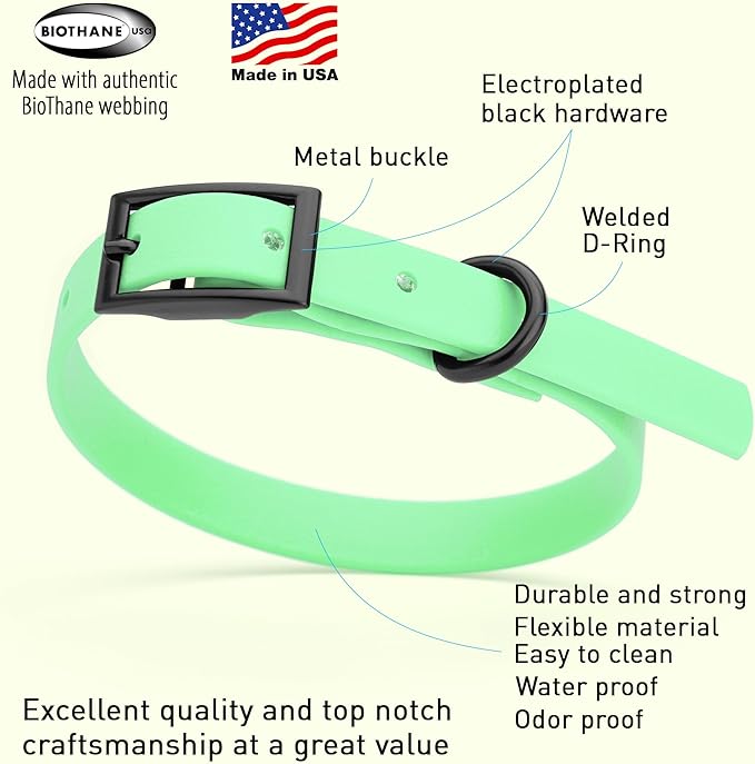Dogline Biothane Coated Webbing Dog Collar with Black Metal Hardware: Durable Easy-Clean Everyday Collar for Dogs - Comfortable Adjustable Odor-Resistant Pet Collar, W1/2" x L9-12, Sea Foam Green