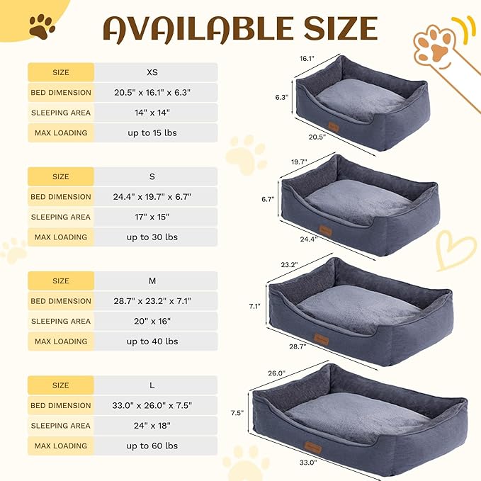 Rectangle Dog Bed for Large Medium Small Dogs Washable Pet Bed with Bolster Sides Non-Slip Bottom Pet Sofa Waterproof Lining Durable Pet Cuddler, Dark Grey, 33x 26x 7.5