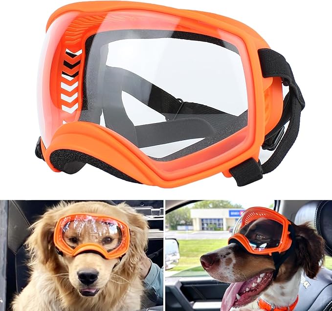 PETLESO Dog Goggles for Large Breed, Clear Dog Sunglasses Anti-UV Wide View Medium Large Pet Eye Protection for Driving Riding Hiking, Adjustable Straps, Orange
