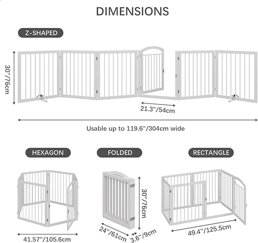 JSB 144-inch Extra Wide 30-inch Tall Dog gate with Door Walk Through, Freestanding Round Tube Pet Gate for Halls Stairs, Puppy Safety Dog Fence with 2PCS Support Feet (White)