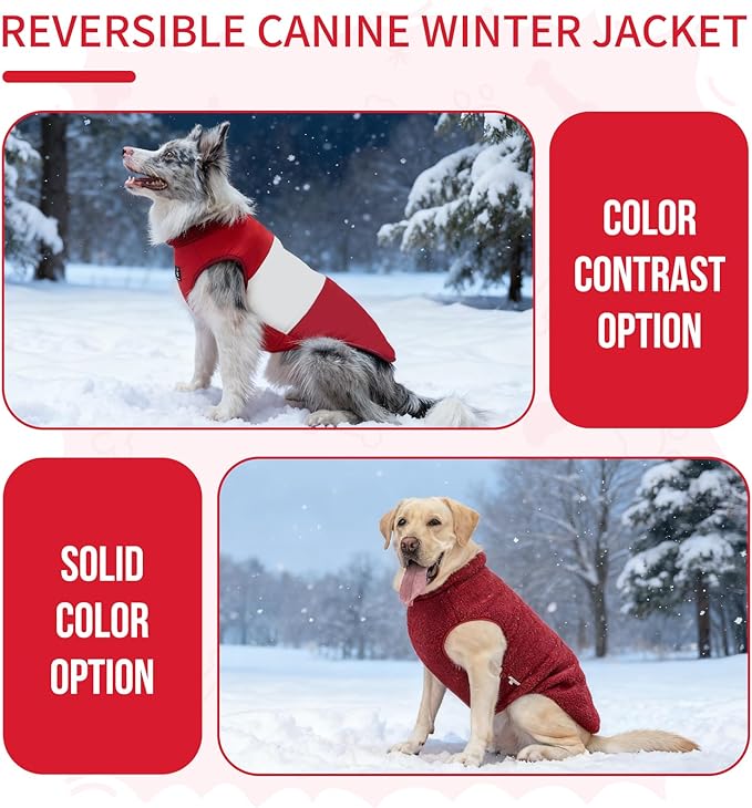 Reversible Dog Winter Coat, Waterproof Warm Fleece Sweater Windproof Lightweight Pet Snow Jacket for Medium Large Dogs with Double Ended Zipper, Cold Weather Dog Coat,Christmas Red, XL