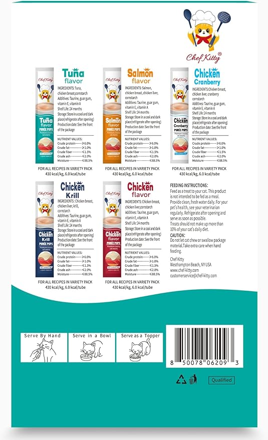 Chef Kitty Purée Pops, Cat Treats, Grain-Free, Lickable, Squeezable Creamy Cat Treat/Topper with Vitamin E & Taurine, 0.5 Ounces Each Tube, 10 Tubes, Tuna Flavor