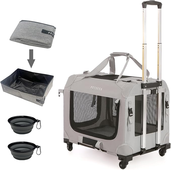 Extra Large Cat Carrier Soft Sided with Wheels Folding Small Medium Dog Pet Carrier 24"x16.5"x16" Travel Collapsible Ventilated Comfortable Design Portable Vehicle (with Litter Box)