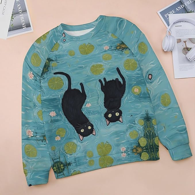 Womens novelty funny cat printed crewneck sweatshirt casual loose long sleeve graphic pullover sweatshirts tops
