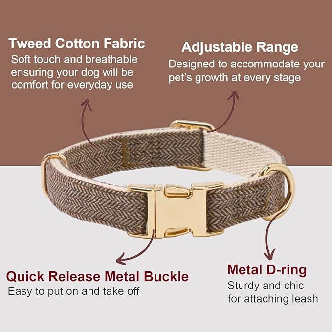 Soft Hemp Dog Collar and Leash Set Adjustable Woven Tweed Dog Collars with Metal Buckle and Lead for Small Medium Large Dogs,Coffee