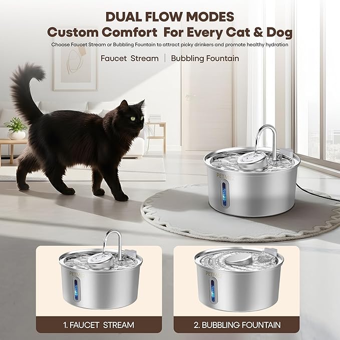 Luxury Smart Pet Fountain 2026 – 3.2L/108oz Stainless Steel Automatic Cat & Dog Water Fountain, Indoor Pet Water Dispenser with LED Light, Quiet Pump, Dual Flow Modes, 4-Layer Filter, Dishwasher Safe