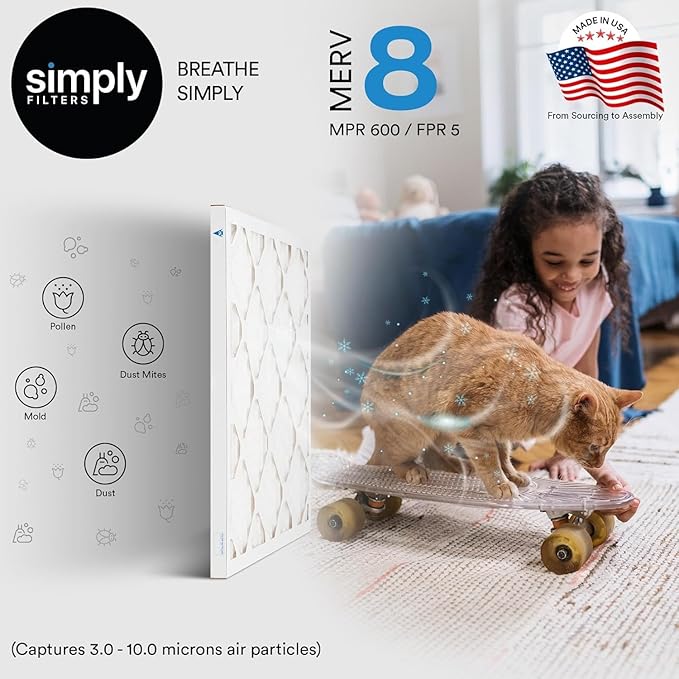 Simply 15x20x1 Air Filter, Merv 8, 6 Pack, For Home AC Furnace & HVAC (Actual Size: 14.75"x19.75"x0.75") DUST, Pet, & Allergy Control