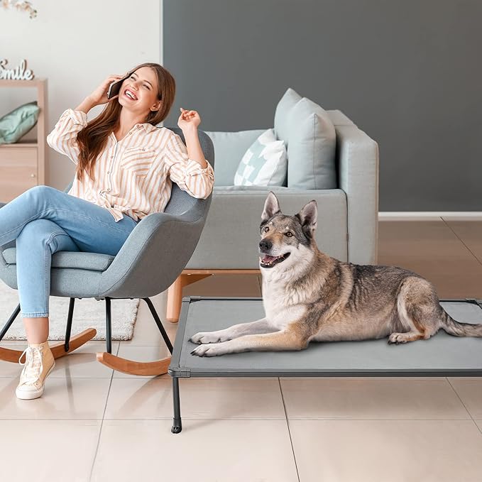 Veehoo Chewproof Elevated Dog Bed - Cooling Raised Pet Cot, Breathable Mesh, Washable & Non-Slip for Large Dogs, Indoor/Outdoor, Grey Mat and Black Frame, 49x33inches (Model CWC2203A03)