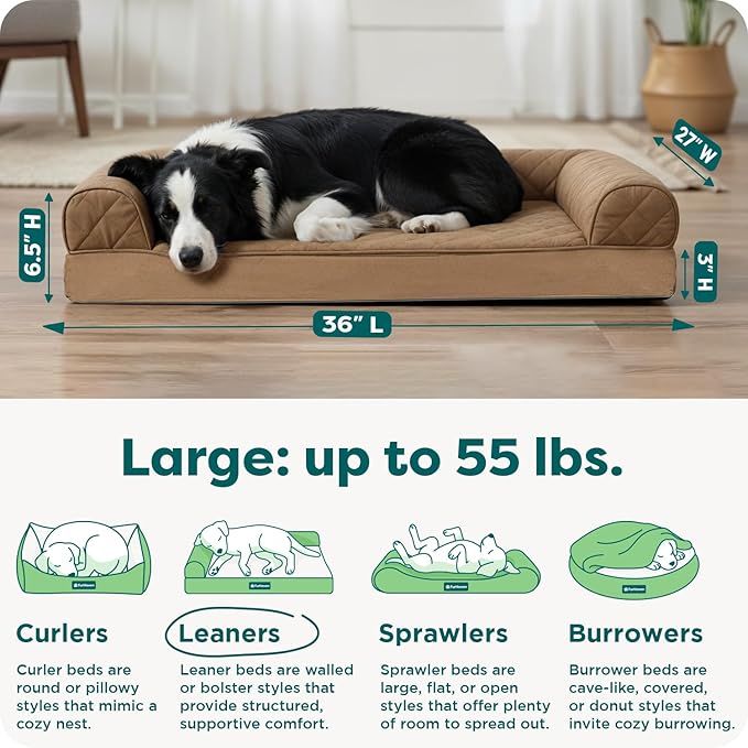 FurHaven Classic Sofa Orthopedic Dog Bed for Large Dogs with Orthopedic Egg Crate Memory Foam for Joint Support, Removable Washable Cover, Large, Quilted Sofa, Toasted Brown