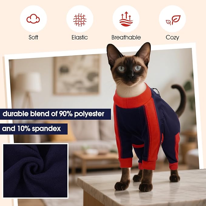DENTRUN Cat Clothes with Anti-Shedding Fabric - Soft Recovery Suit & Breathable Lint-Resistant Cat Sweater for Wound Care & Hair Control, Kitten Onesie Pajamas, L, Dark Blue