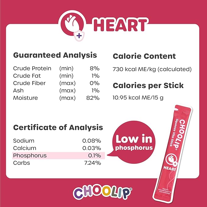Choolip Squeeze Vita Stick Lickable Cat Treats & Dog Puree – 49-Count Heart Support Tubes, Creamy Grain-Free High-Protein Puree with Omega 3, Taurine, L-Carnitine & CoQ10 for Healthy Heart & Energy