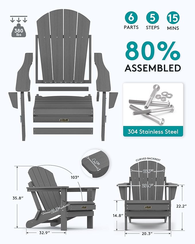 SERWALL Folding Adirondack Chair Set of 6 Weather Resistant Patio Chairs with Wood Texture Fire Pit Chairs- (Folding Gray)