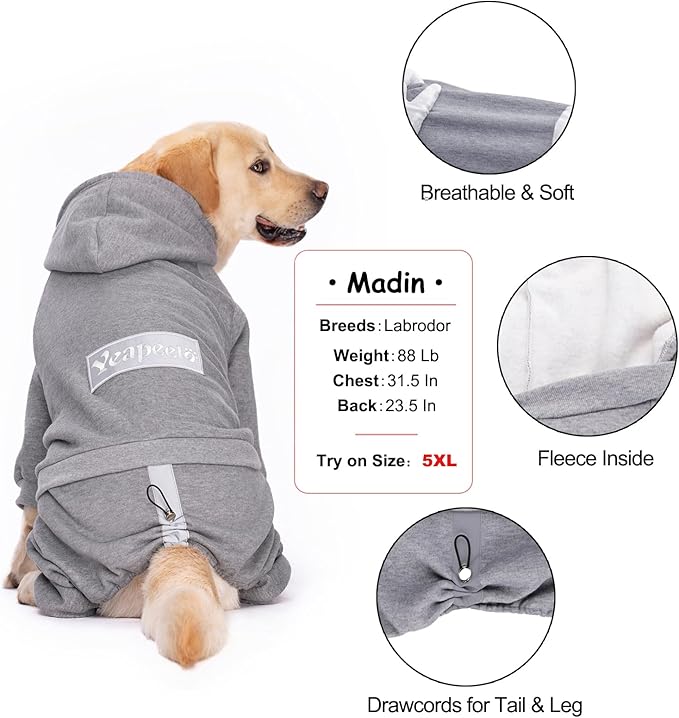 Dog Hoodies Winter Coat for Large Medium Dogs, Pullover 7 Legs Warm Coat Hooded Sweatshirt, Fleece Hoodie for Cold Weather (Grey, X-Large)