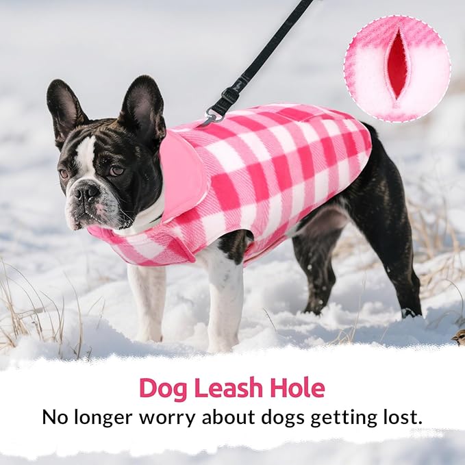ASENKU Dog Winter Coat, Fleece Doggie Jacket Plaid Reversible Vest Waterproof Windproof Cold Weather Clothes for Small Medium Large Dogs (XS, Pink)