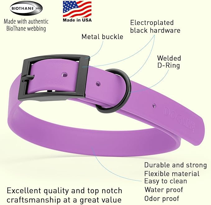 Dogline Biothane Coated Webbing Dog Collar with Black Metal Hardware: Durable Easy-Clean Everyday Collar for Dogs - Comfortable Adjustable Odor-Resistant Pet Collar, W1 x L22-25", Amethyst Purple