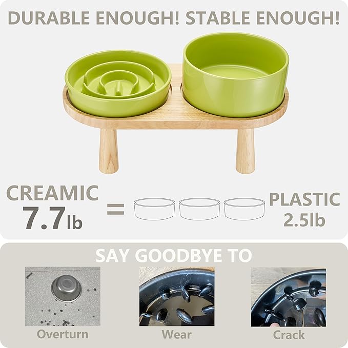 Ceramic Slow Feeder and Water Bowl Set for Medium and Large Dogs, 8.0inch Ceramic Dog Bowls Elevated with Wooden Stand, 2.0 Cups Dog Slow Feeder(30oz) and 70oz Water Bowl Set, Green