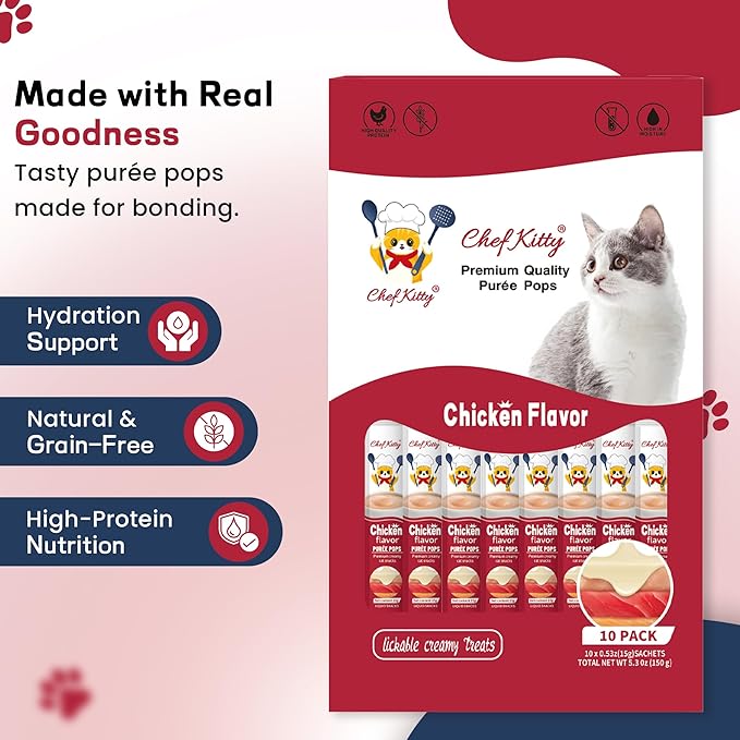Chef Kitty Purée Pops, Cat Treats, Grain-Free, Lickable, Squeezable Creamy Cat Treat/Topper with Vitamin E & Taurine, 0.5 Ounces Each Tube, 10 Tubes, Chicken Flavor
