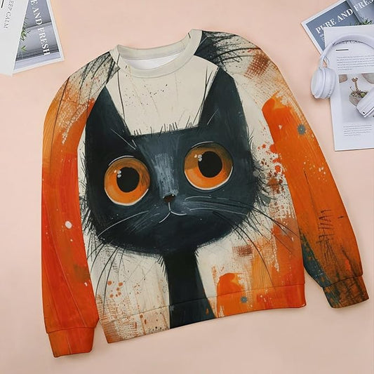 Biacolum Long Sleeve Shirts for Women Mid Century Retro Style Atomic Cat 3D Graphic Sweatshirts Fall Crewneck Pullover Top
