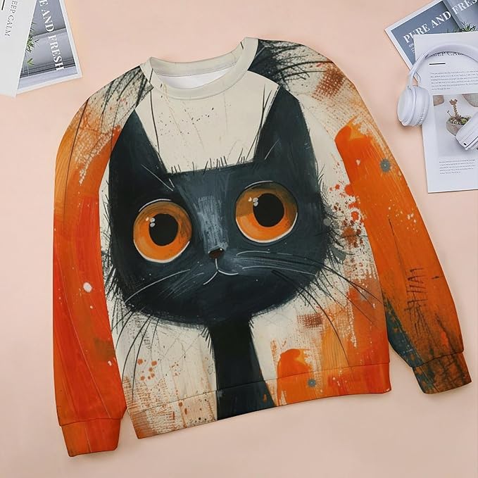 Biacolum Long Sleeve Shirts for Women Mid Century Retro Style Atomic Cat 3D Graphic Sweatshirts Fall Crewneck Pullover Top