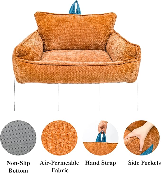 Small Dog Bed, Washable Pet Bed with Removable Cover, with Sides, Carry Handle & Side Pockets .Plush Chenille Orthopedic Pet Bed Couch for Small Breed Dogs & Cats .Calming