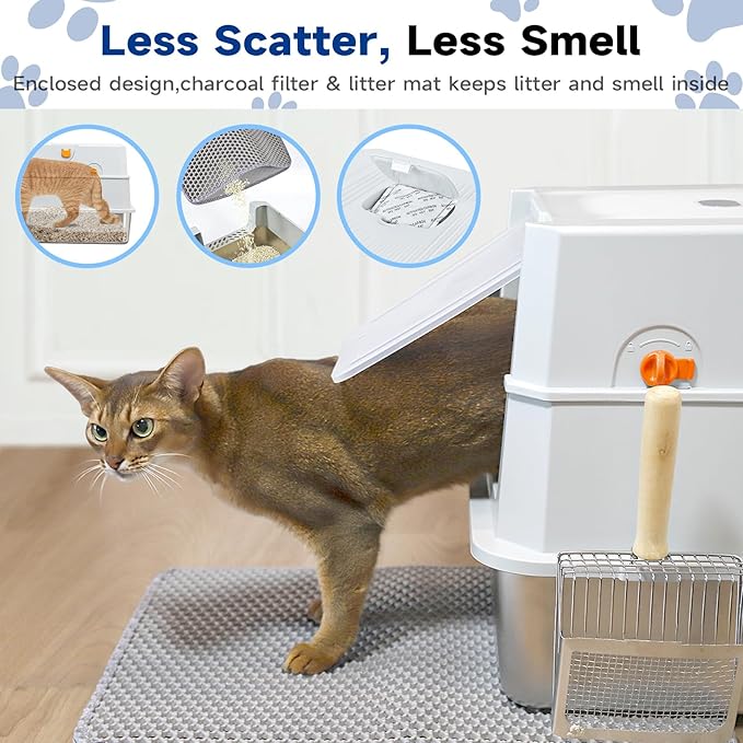 TENTIZON Stainless Steel Cat Litter Box with Lid, XL Large Covered Kitty Litterbox with Flip Top, High Side, Litter Mat, Scoop for Big Cats, Kitten, Multi-Cats Home, No Smell, No Mess, Easy Clean