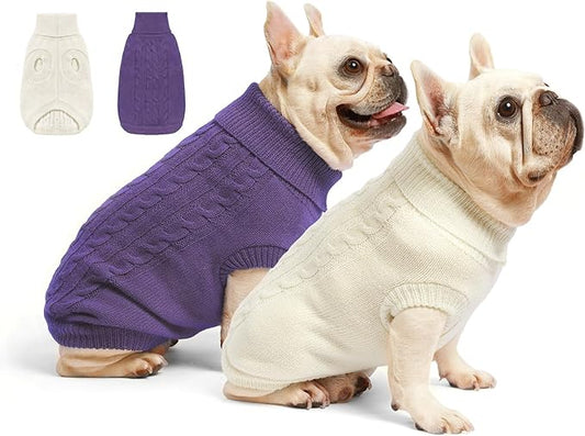 2 Pack Dog Sweaters for Small Dogs - Puppy Medium Warm Clothes in Winter, Turtleneck Pullover Design for Boy Girl Pet, Doggie, Cat, Kitten Chihuahua Bulldog Pug Beagles (S, Purple, Beige)
