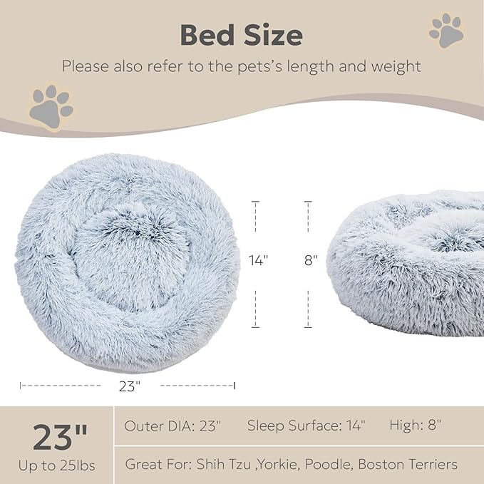 Calming Dog Bed for Small Dogs, 23 inches Puppy Bed Washable, Anti-Anxiety Donut Fluffy Dog Bed Indoor, Comfort Plush Faux Fur (Light Grey, 23")