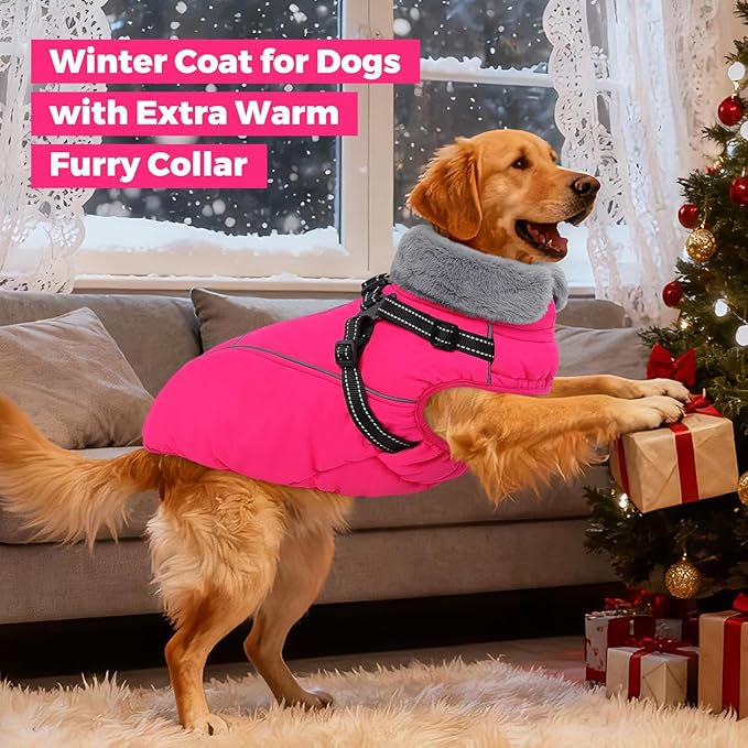 Queenmore Large Dog Jackets,Dog Coats for Extra Large Dogs with Harness Built in,Reflective Waterproof Dogs Jackets with Fleece Lining,Warm Snowsuit Pet Coats for German Shepherd,Rosered,XXXL