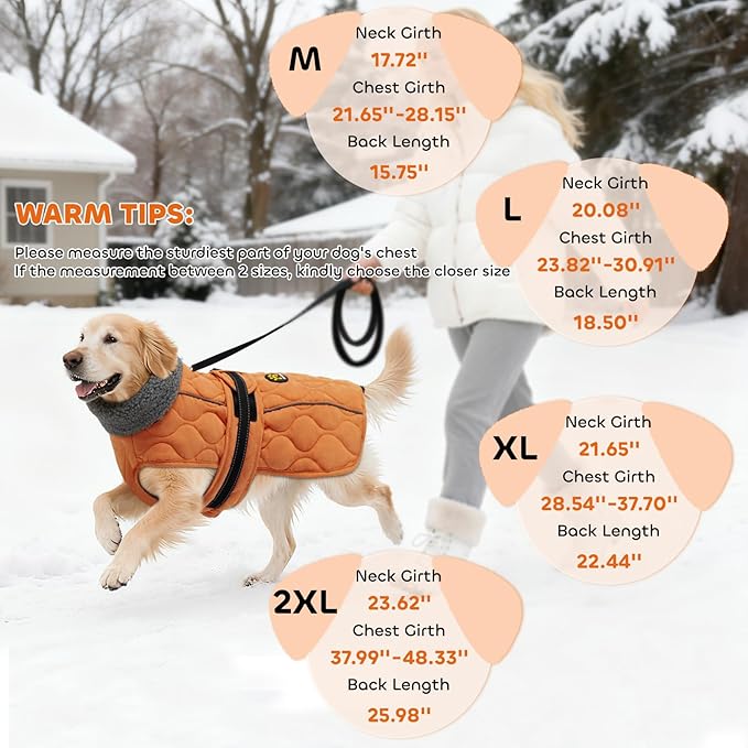 Dog Winter Coat, Adjustable Quilted Dog Snow Jacket with Fleece Lining, Water Resistant Pet Apparel for Cold Weather, Warm Large Doggie Coat with Leash Hole and Reflective Strip, NewOrange L