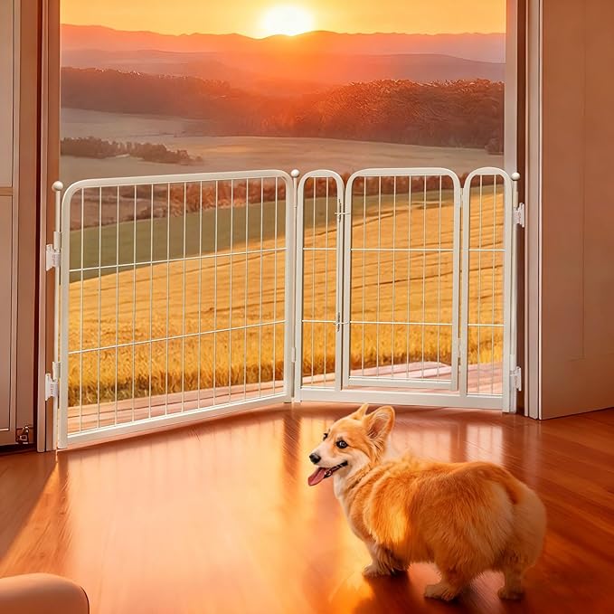 FXW Dog Gate Extra Wide Designed for Indoor Use, Adjustable Width Up to 46-inch Wide (24" H 2 Wire Panels for Puppies and Small Dogs), White