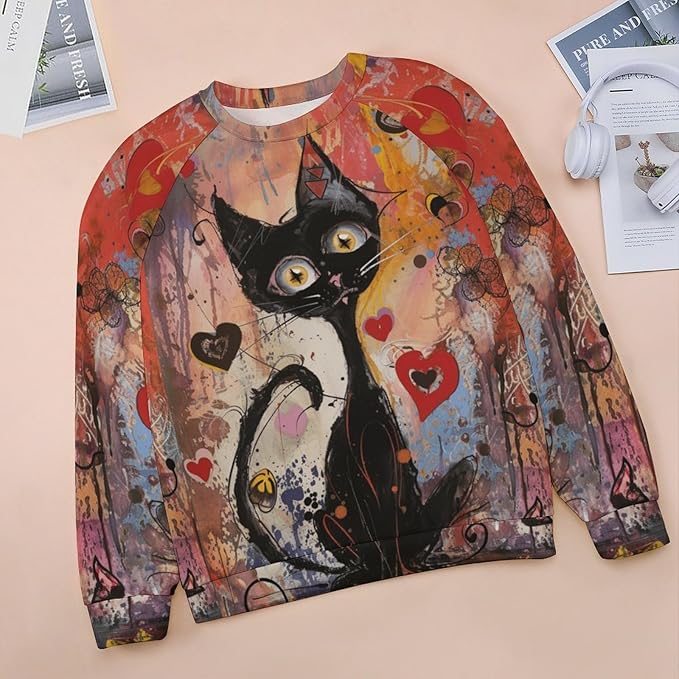 Womens novelty funny cat printed crewneck sweatshirt casual loose long sleeve graphic pullover sweatshirts tops