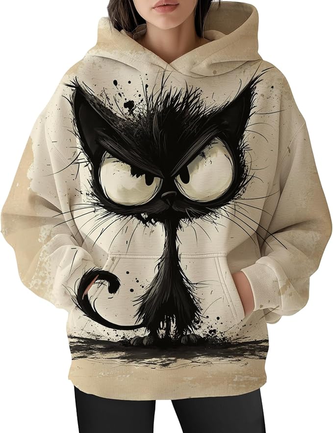 Womens Funny Cat Hoodies Oversized Graphic Hooded Sweatshirt for Women Fall Plus Size Pullover Hoodie Y2K