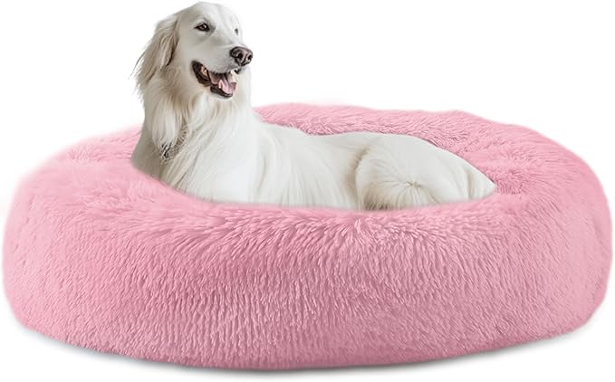 39'' inch Calming Dog Bed, Anti-Anxiety Donut Bed for Medium Large Dogs, Warming Cozy Soft Cute Round Washable, Marshmallow Cuddler Nest Puppy Dogs and Cats Bed,Pink