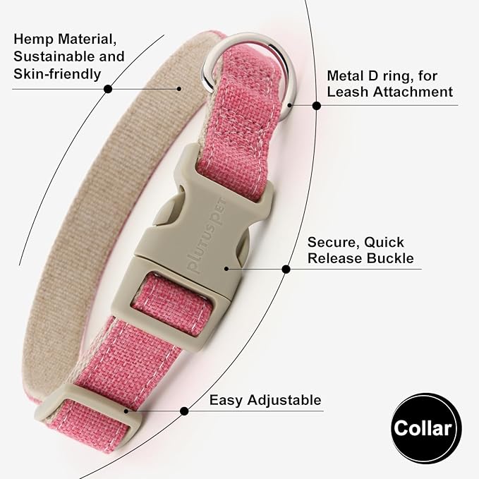 Plutus Pet Cotton Hemp Dog Collar and Leash Set, Adjustable Collar for Small, Medium, and Large Dogs, Heavy Duty and Soft on Skin, Hot Pink, XL