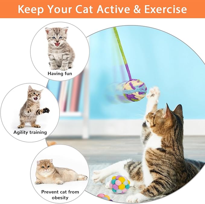 Retro Shaw Cat Toys Balls, 6Pcs Woolen Yarn Cat Ball Toy with Bell Inside, Christmas Kitten Toys for Indoor Cats Kitty, Chew Toys Jingle Pompom Ball with String