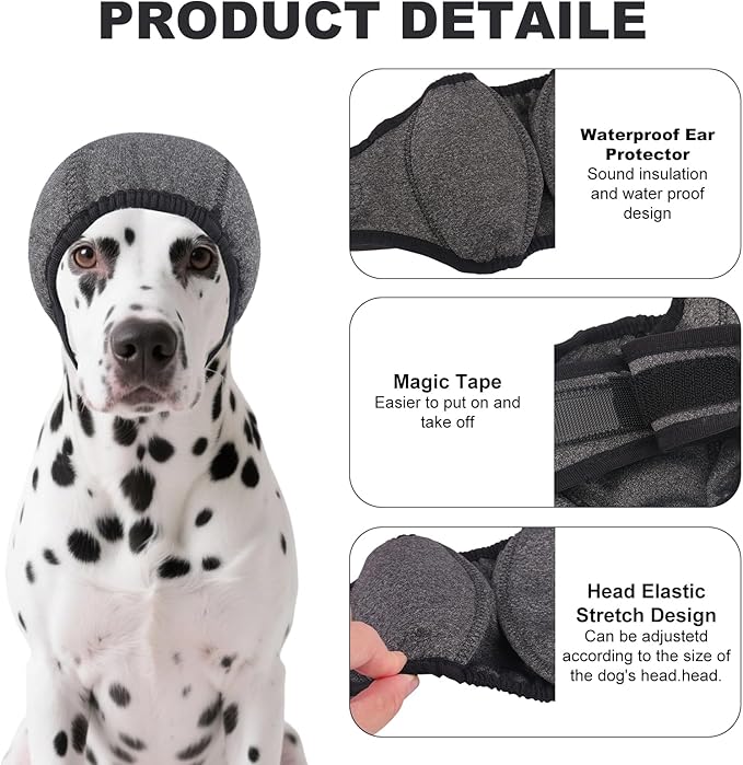 Dog Ear Muffs No Shake Ear Wraps for Dogs Ear Protection for Noise & Anxiety Relief Comfort Calming Hoodie, Protection Firework Grooming Bathing and Force Drying (Grey L)