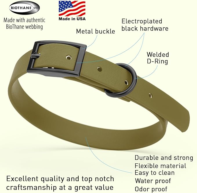Dogline Biothane Coated Webbing Dog Collar with Black Metal Hardware: Durable Easy-Clean Everyday Collar for Dogs - Comfortable Adjustable Odor-Resistant Pet Collar, W5/8" x L12-15, Olive Drab Green