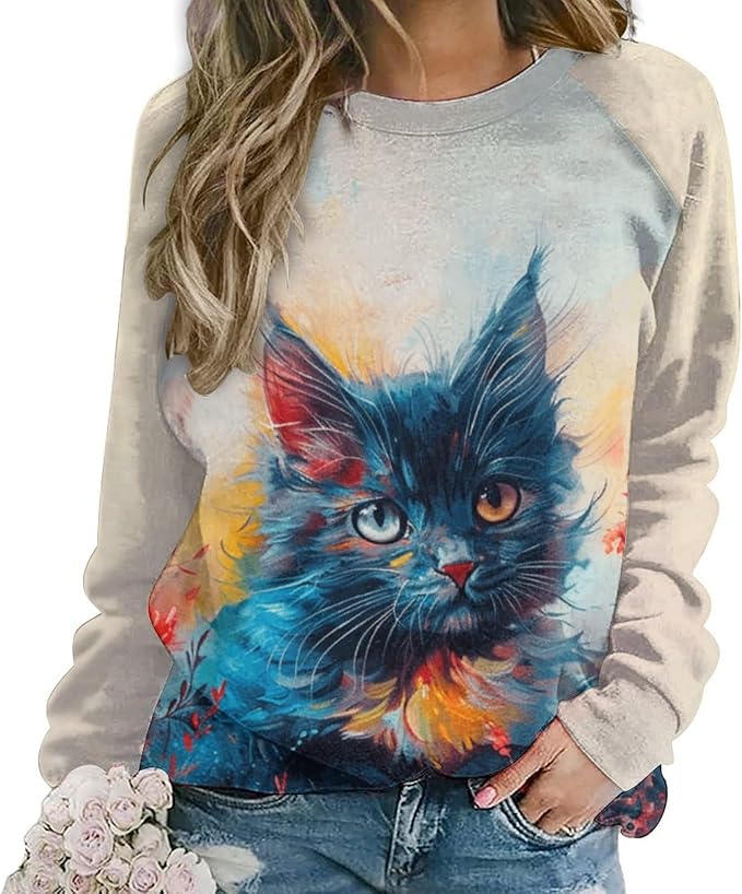 Womens novelty funny cat printed crewneck sweatshirt casual loose long sleeve graphic pullover sweatshirts tops