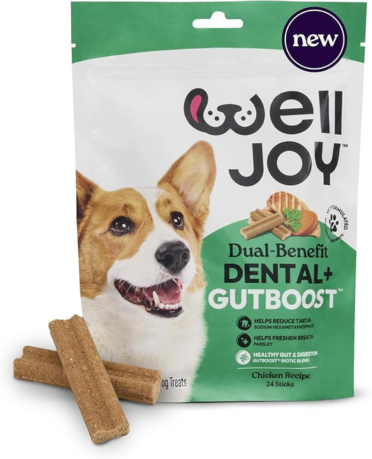 New! WellJoy Dog Treat Dental+ GutBoost | Helps Reduce Tartar | Freshens Breath | Dual-Benefit GutBoost Formulation | Vet Formulated | Made in USA | Made with Real Shredded Chicken | 24 Sticks