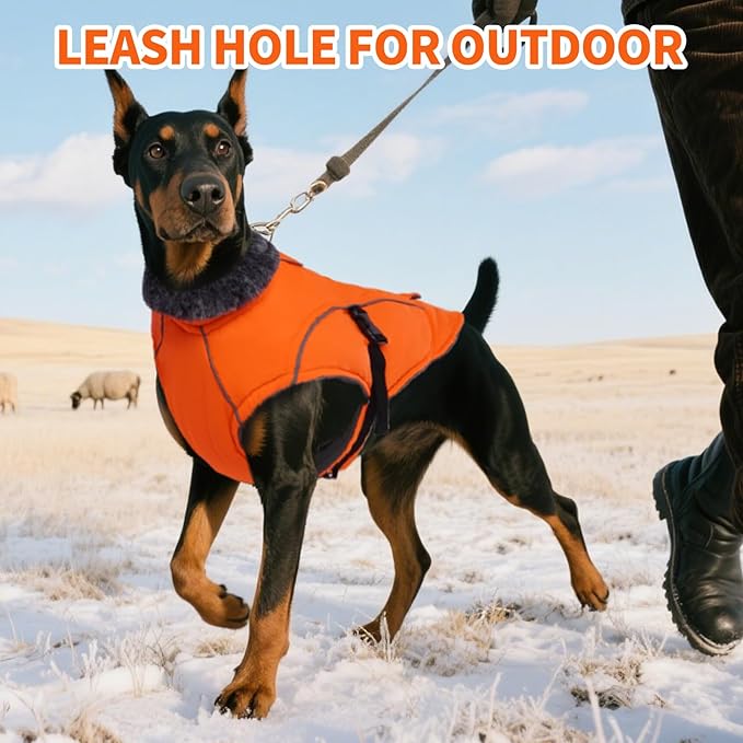 DENTRUN Winter Warm Dog Coat Reflective Jacket with Turtleneck for Cold Weather, Adjustable Buckle Windproof Water Repellent, Thick Snowsuit Fleece Vest for Small, Medium, Large Dogs, Orange, XXXL